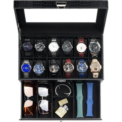 12 Slot Men Watch Case With Drawer, Watch Display Case With Glass Lid, 2-Layer Watch Holder Organizer