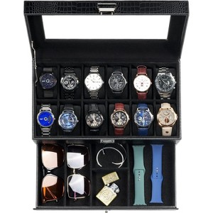 12 Slot Men Watch Case With Drawer, Watch Display Case With Glass Lid, 2-Layer Watch Holder Organizer - 1 of 4