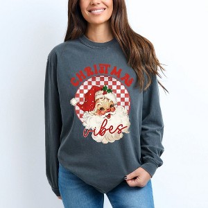 Simply Sage Market Women's Christmas Vibes Santa Checkered Long Sleeve Garment Dyed Tee - 1 of 4