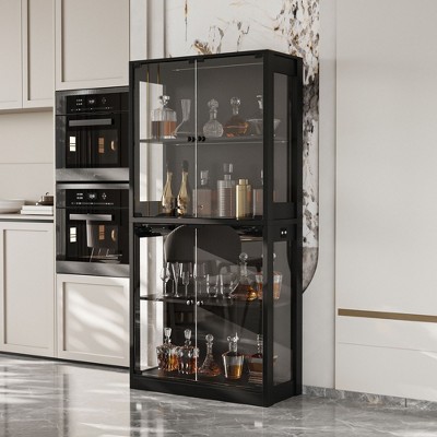 Famapy 31.5"x65" Tempered Glass Curio Cabinet with Motion Sensor Lights 4-Door Tall Black Display Case Bookcase Bookshelf Sideboard Pantry