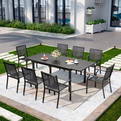 Captiva Designs 9pc Patio Slat-top Adjustable Steel Rectangle Table & Metal Chairs with Bull's Eye Pattern
