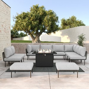 LayinSun 11 Pieces Rope Woven Patio Furniture Set, Modern Modular Sectional Sofa with Fire Pit Table and Upgrade Thickness Cushion - 1 of 4