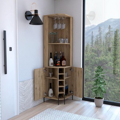 Macadamia Wood Finish Corner Bar Cabinet with Wine Storage