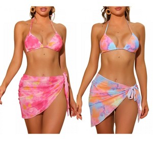 INSPIRE CHIC Women's Dye Halter Tie Triangle Swimsuits with Sarong Cover Ups Beach Skirt Bikini 2 Set - 1 of 4