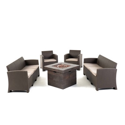 Jennings 5pc Faux Wicker Chat Set with Fire Pit - Brown/Mixed Beige - Christopher Knight Home