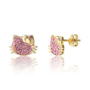 Sanrio Hello Kitty Womens Pink or Clear Crystal Stud Earrings, 18kt Gold Plated Sterling Silver Hello Kitty Earrings Official License - 1 of 4