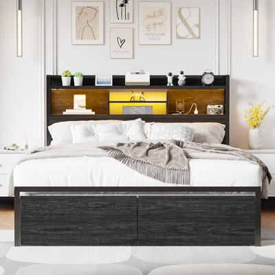 Furnulem Bed Frame with Wood Headboard, Metal Platform Bed Frame with LED Lights and Charging Station, No Box Spring Needed, Noise Free, Black
