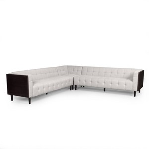 Clermont Mid Century Modern Fabric Tufted Sectional Sofa Set Beige/Brown - Christopher Knight Home: L-Shaped, Upholstered, Wood Legs - 1 of 4