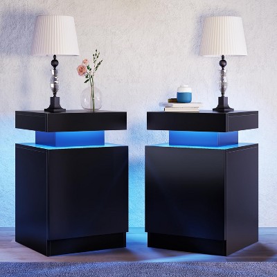 Aoxun Nightstand Set of 2 with LED Lights,Night Stand with Storage Cabinet for Bedroom,Bedside Table with LED, Black