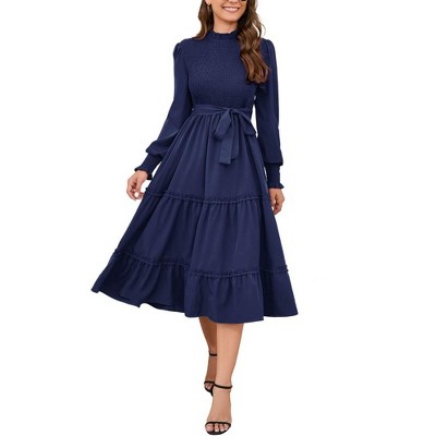 Women's Ruffle Mock Neck Long Sleeve Smocked Midi Dress Casual Floral Print Elastic Waist Tiered Long Dress Navy Blue L