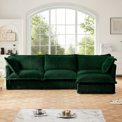 Slipcovered Sectional Sofa, 3 Seater Sofa with Removable Cover, Sofa Couch with Ottoman, Corduroy Fabric Sectional Sofas-Cuddlewood