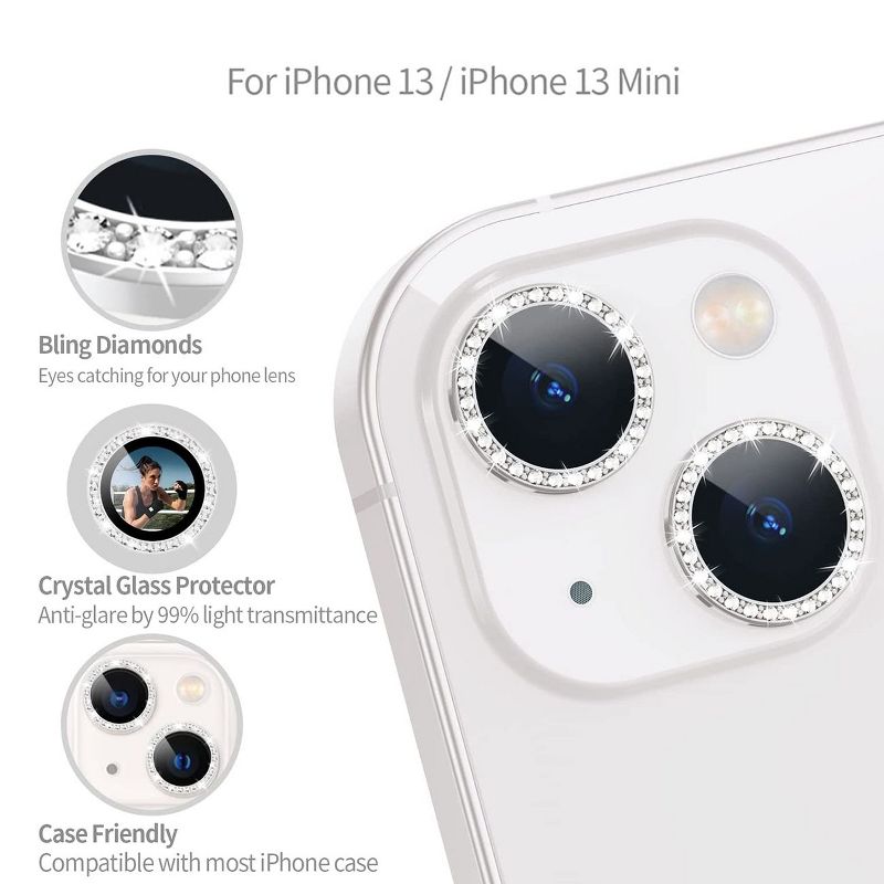 Diamond Camera Lens Protector, Diamond Tempered Glass Camera Cover Screen Protector for iPhone 14 / iPhone 14 Plus, 2 of 5