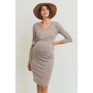 Hello Miz Women's 3/4 Sleeve Wrap V Neck Maternity Dress - 1 of 4
