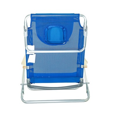 Blue Aluminum 5-Position Beach Chair with Wooden Armrests