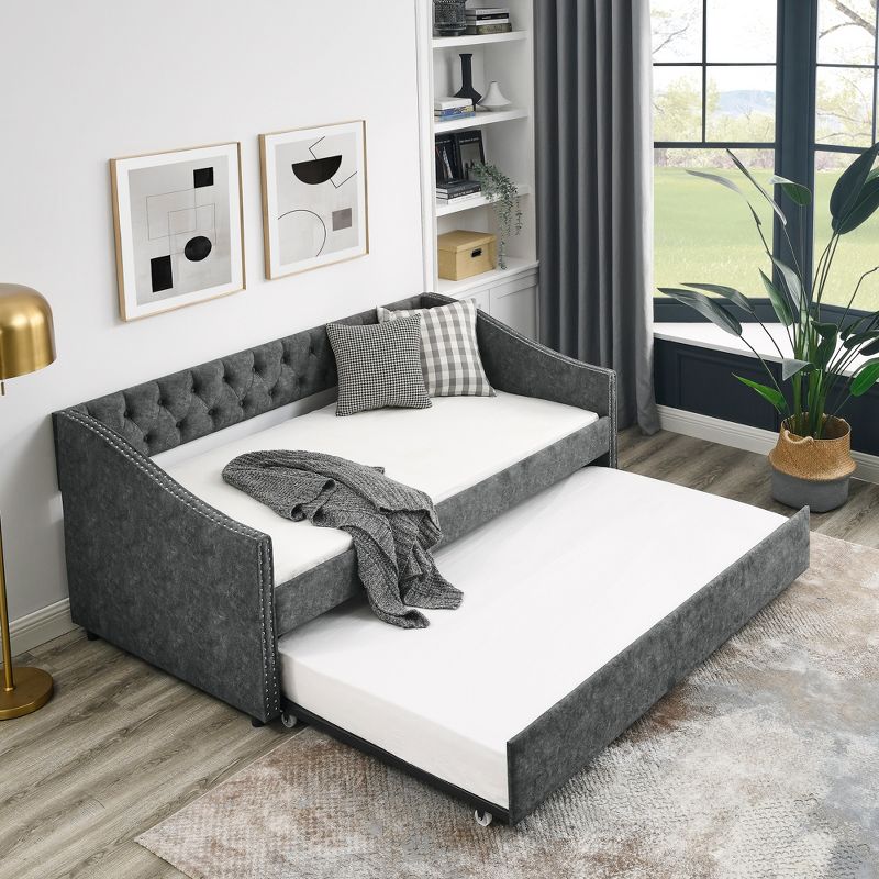 Twin Size Daybed, Upholstered Tufted Sofa Bed with Twin Size Trundle Bed-ModernLuxe, 4 of 10