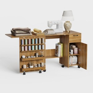 Folding Sewing Table with Storage Shelves & Drawer, Rolling Craft Desk with Lockable Wheels for Small Spaces, White - 1 of 4