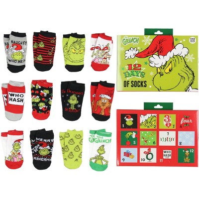 Dr. Seuss The Grinch 12 Days Of Christmas Socks Advent Calendar 12 Day Punch Out Window Adult Ankle No Show Gift Box Set Multicolored
