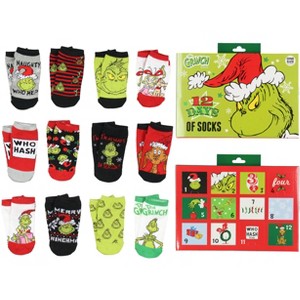 Dr. Seuss The Grinch 12 Days Of Christmas Socks Advent Calendar 12 Day Punch Out Window Adult Ankle No Show Gift Box Set Multicolored - 1 of 4