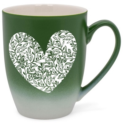 Elanze Designs Heart Leaf Two Toned Ombre Matte Green and White 12 ounce Ceramic Stoneware Coffee Cup Mug