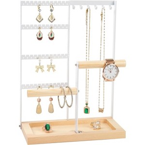 4-Tier Wooden Jewelry Organizer - 48 Holes & 6 Hooks for Earrings, Necklaces & Rings - 1 of 4