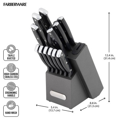 Farberware 14pc Triple Rivet Knife Block Set with Edgekeeper Sharpener Graphite: Stainless Steel Cutlery, Hand Wash‼️missing 2 ‼️