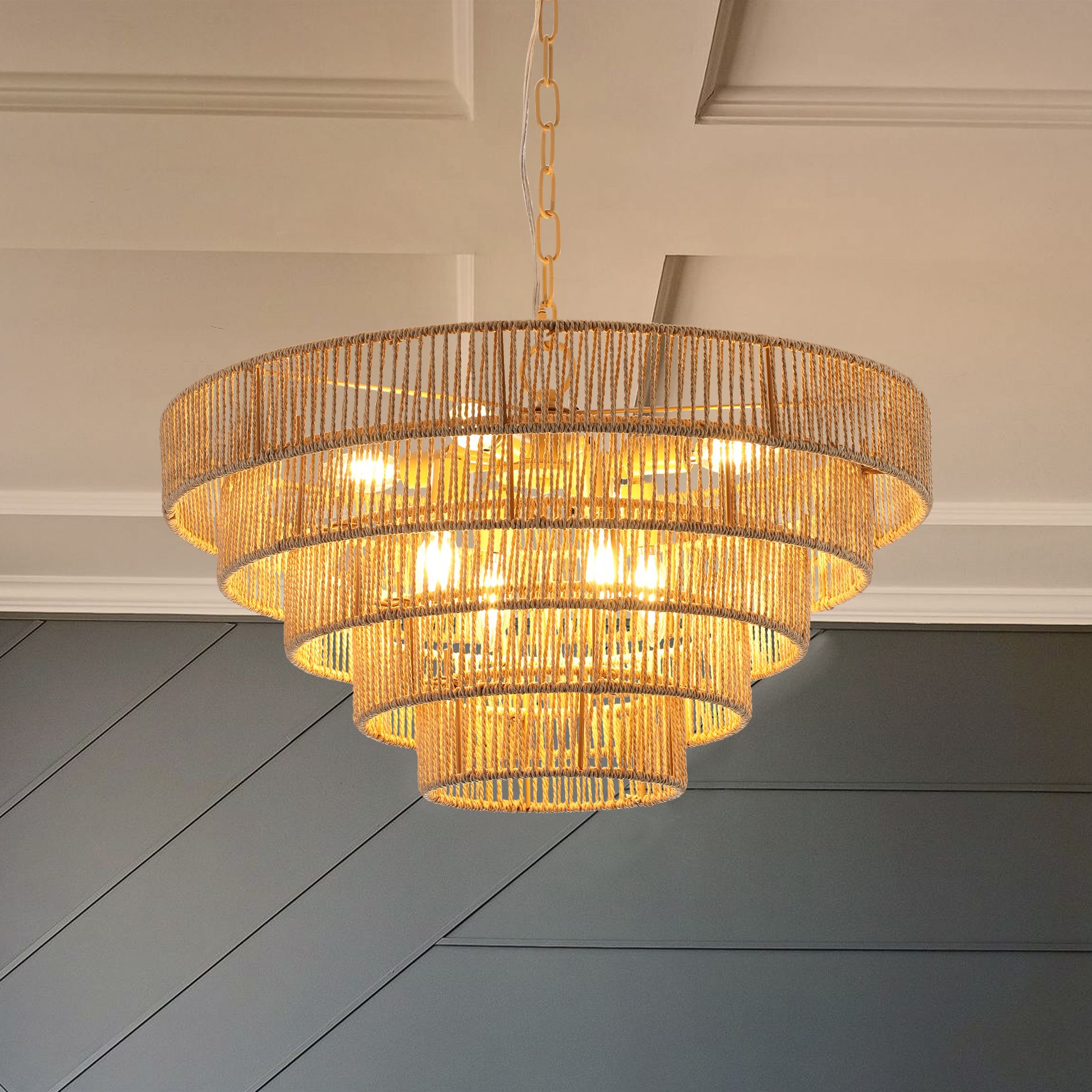 KTMBDW Modern Chandeliers 5 Tiers Pendant Light Fixtures 24¡± Round Flush Mount Chandeliers Ceiling Lighting Dimmable for Living Room, Bedroom, Gold