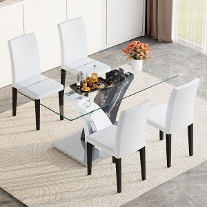 5-Piece Dining Set with Tempered Glass Table and 4 PU Armless Chairs - 1 of 4