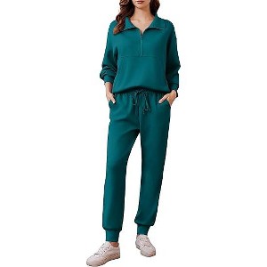 Pinspark 2 Piece Sets for Women Fall Travel Outfits Long Sleeve Tracksuit Joggers Sets Half Zip Sweatsuit Matching Set - 1 of 4