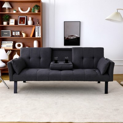 SKRAN 70" Convertible Multi-Functional Cotton And Linen Sofa Bed, Folding Futon Couch, With Cup Holders, Side Storage For Living Room