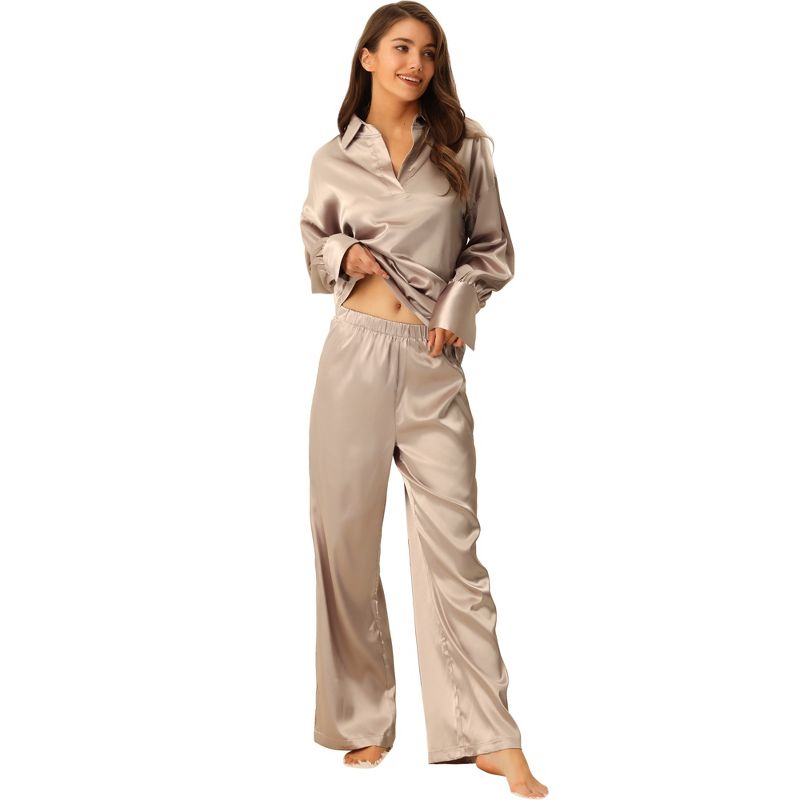 cheibear Womnes Satin Outfits Pajamas Collar V Neck Tops with Pants Csaual  Lounge Sets, 1 of 6