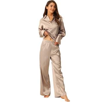 cheibear Womnes Satin Outfits Pajamas Collar V Neck Tops with Pants Csaual  Lounge Sets