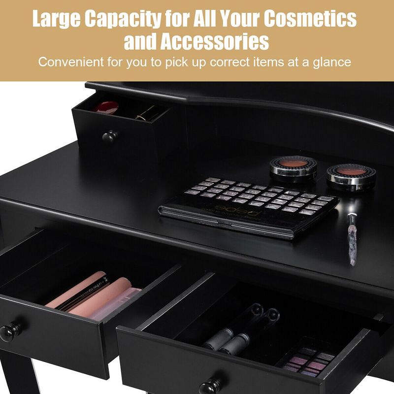 Costway Vanity Makeup Dressing Table Set W/Stool 4 Drawer&Mirror Jewelry Wood Desk Black, 5 of 11