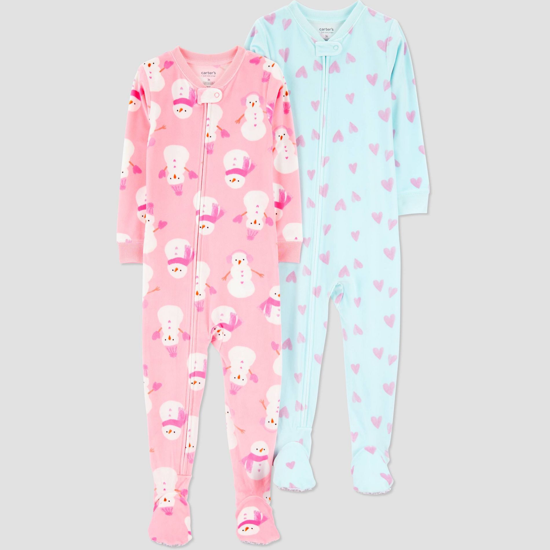 Carter's Just One You® Toddler Girls' 2pk Snug Fit Snowman & Heart Long Sleeve Velour Footed Pajama - Light Blue/Pink 18M