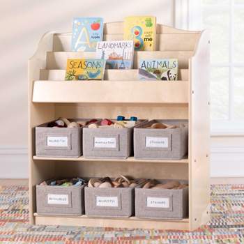 Guidecraft EdQ Book and Bin Browser: Wooden Bookcase with Tiered Shelves and Cubbies, Toddler Playroom Furniture and Cube Organizer