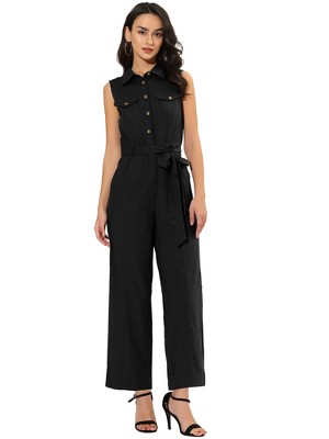 Allegra K Women's Button Down Collared Wide Leg Tie-Waist Sleeveless Cargo Jumpsuits
