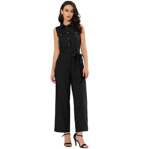 Allegra K Women's Button Down Collared Wide Leg Tie-Waist Sleeveless Cargo Jumpsuits - 1 of 4
