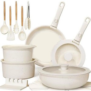 Aoibox 21-Piece Ceramic Non-Stick Cookware Set with Detachable Handles, Oven & Induction Safe, Stackable Pots and Pans in Cream White - 1 of 4