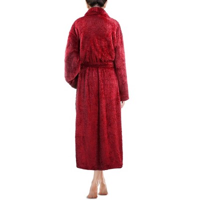 Wine Red Plush Fleece Bathrobe with Pockets, L/XL