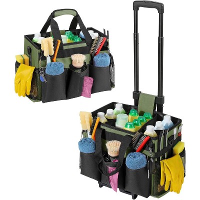 Rolling Cleaning Caddy Bag with Detachable Trolley, Large Portable Cleaning Supply Organizer on Wheels with Shoulder Strap