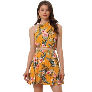 INSPIRE CHIC Women's Floral Halter Neck Sleeveless Crop Top with Short Skirt Outfits Set 2 Pcs - 1 of 4