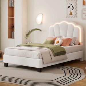 CAVINAS Twin/Full Size Upholstered Platform Bed Frame with Flower-Shaped Headboard & LED Lights,No Box Spring Needed - 1 of 4