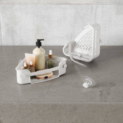White Plastic Adhesive Shower Corner Bin with Hooks