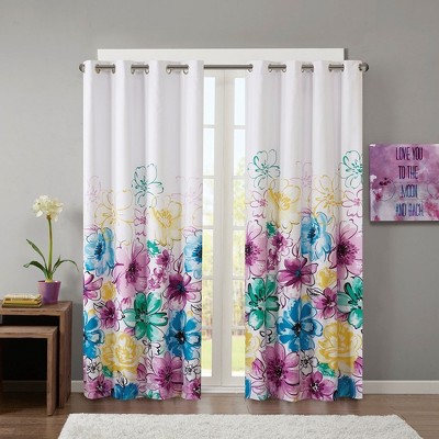 Floral Print Bright Color Blackout Window Panel, Heavyweight Foamback Liner Grommet Top Valance for All Decor Styles