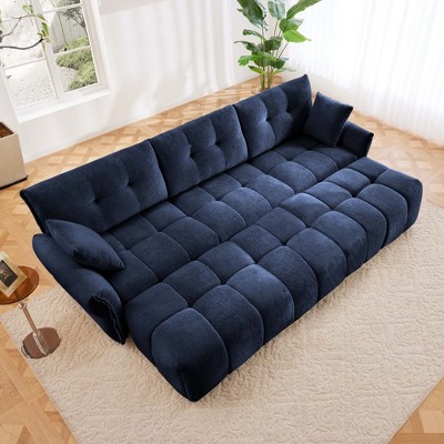 DOMETOUR 3-Seater Sofa Set with 3 Ottomans & Pillows, Solid Wood Frame, Textured Chenille, for Living Room/Office/Hotel, Blue