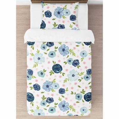 Twin Blue and Pink Microfiber Floral Comforter Set