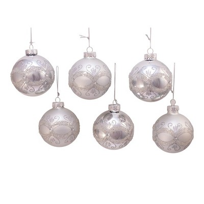 Kurt Adler 80MM Matte and Shiny Silver with Glitter Glass Ball Ornaments, 6 Piece Box