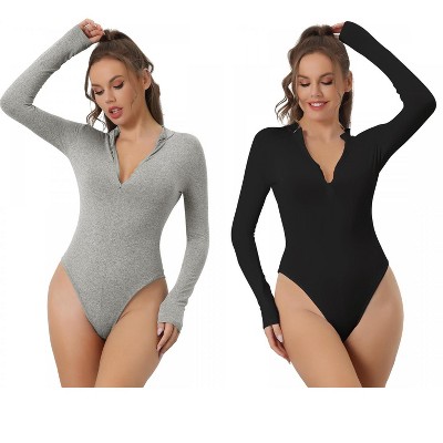 Allegra K Women's Zip Front Casual Stand Neck Long Sleeve Slimming Going Out Body Shapers 2 Packs