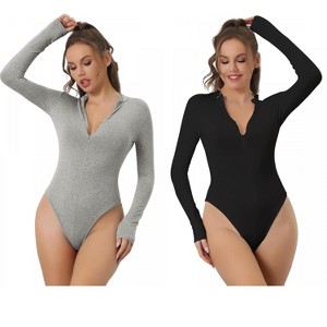 Allegra K Women's Zip Front Casual Stand Neck Long Sleeve Slimming Going Out Body Shapers 2 Packs - 1 of 4