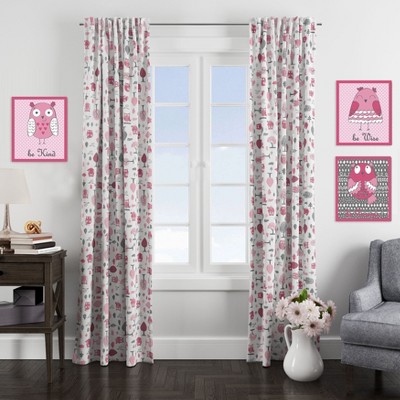 Gray and Pink Owl Print Cotton Rod Pocket Curtain Panel