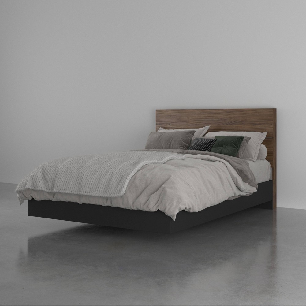 Photos - Bed Frame Full Solari Bed with Headboard Walnut/Black - Nexera